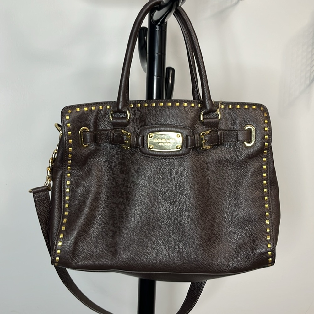 MICHAEL Michael Kors Dark Brown Leather Satchel with Gold Hardware